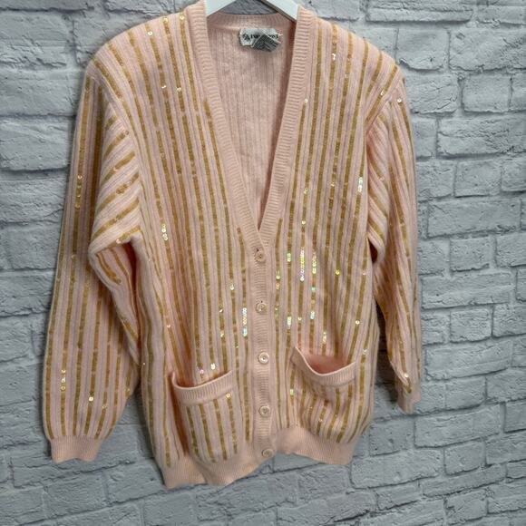 Vintage Evan Picone V-Neck Cardigan Sweater Pink Sequins Angora Wool Size L - Picture 3 of 7